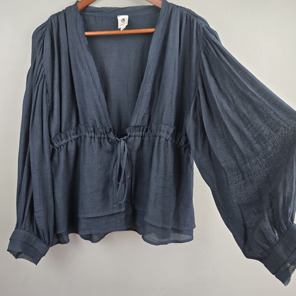 Flawless Drawstring Peasant Blouse V-neck Blue Womens Size S Boho Cottagecore - Picture 3 of 8